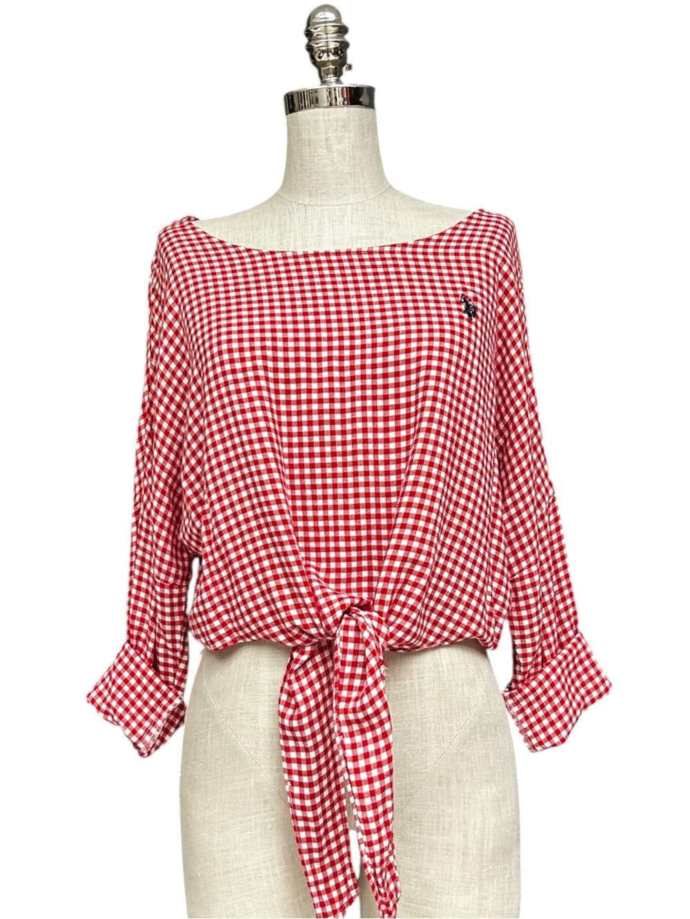 U.S. Polo Assn. Red White Gingham Tie Front Blouse Large, Summer Preppy Gingham
